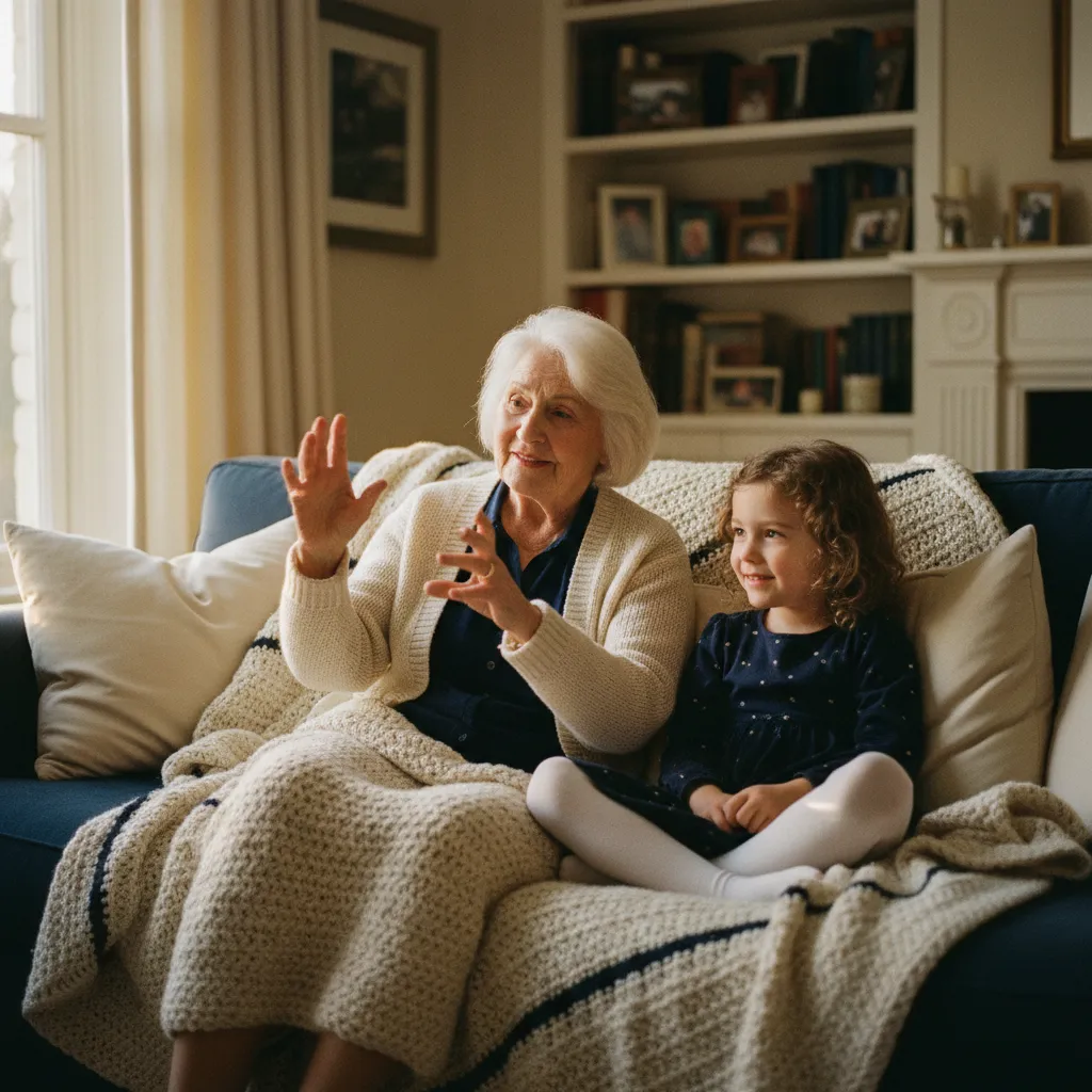 Grandmother sharing a story with a young granddaughter