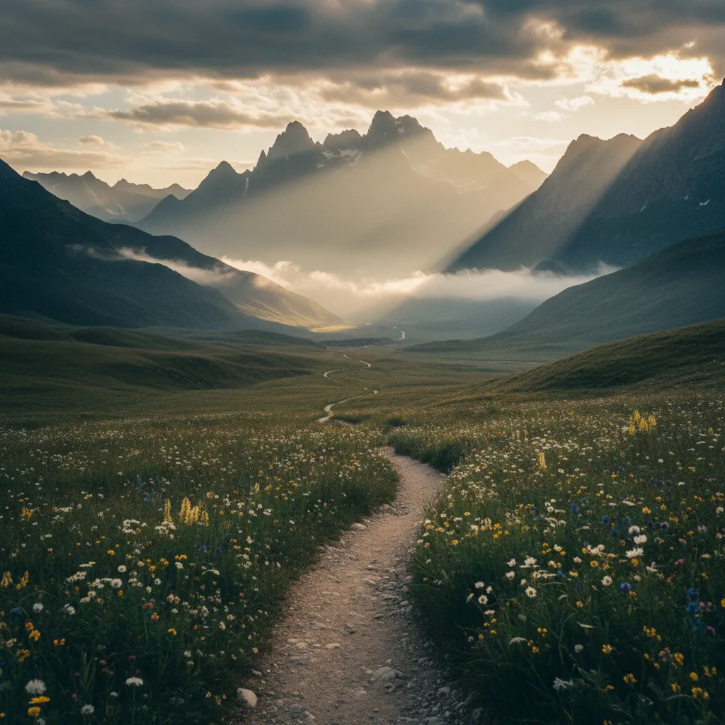 A path winding through mountains and valleys representing life's journey