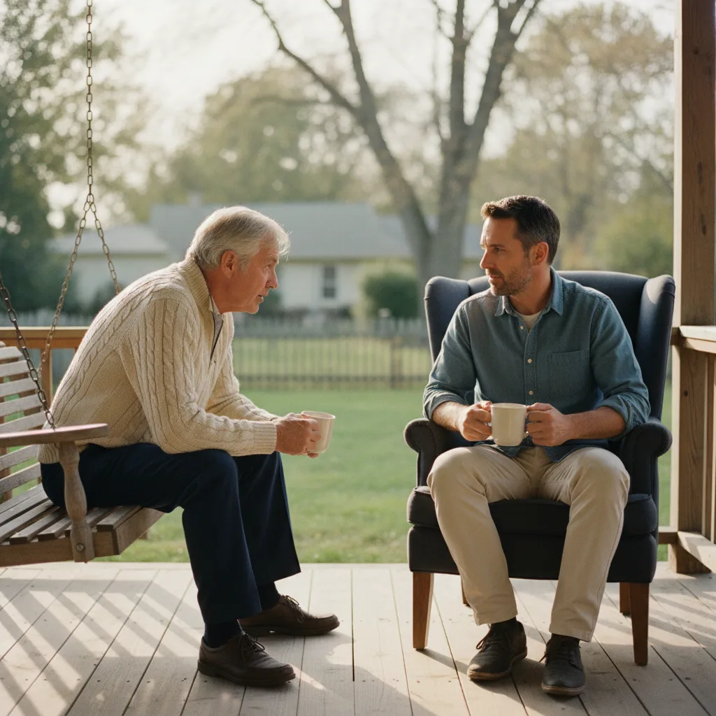 A father and adult child talking on a porch at sunset