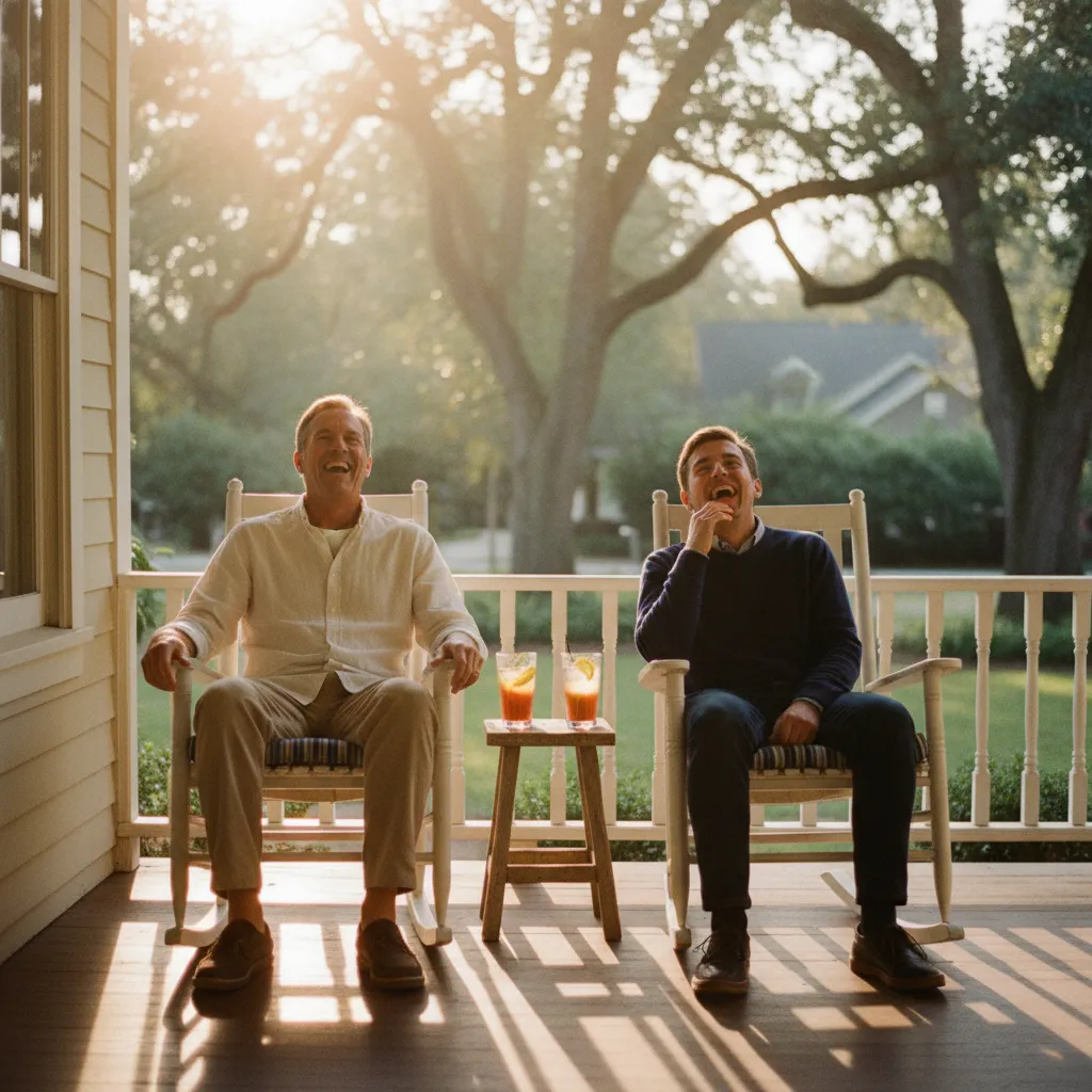 Parent and adult child laughing while sharing memories