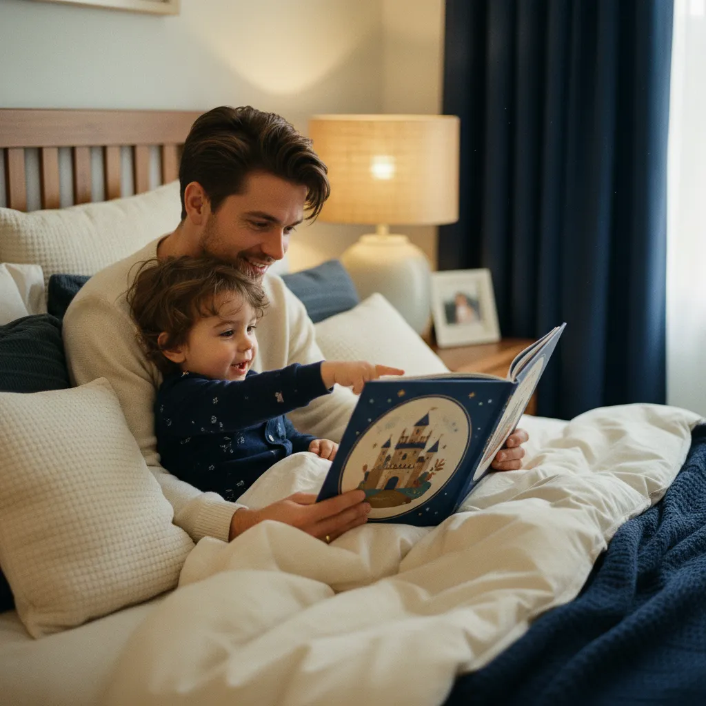 Parent and child reading a personalized storybook at bedtime